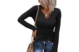 Ekouaer Womens Long Sleeve Shirts V-Neck Slim Fit Basic Tee Going Out Ribbed Thermal Y2K Tops