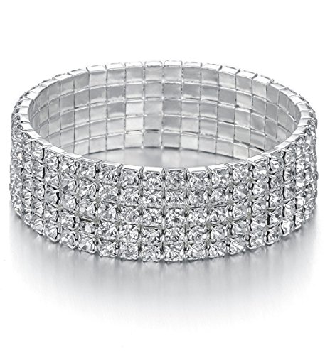 JEWMAY Yumei Jewelry 5 Strand Rhinestone Stretch Bracelet Silver-Tone Sparkling Bridal Tennis Bangle