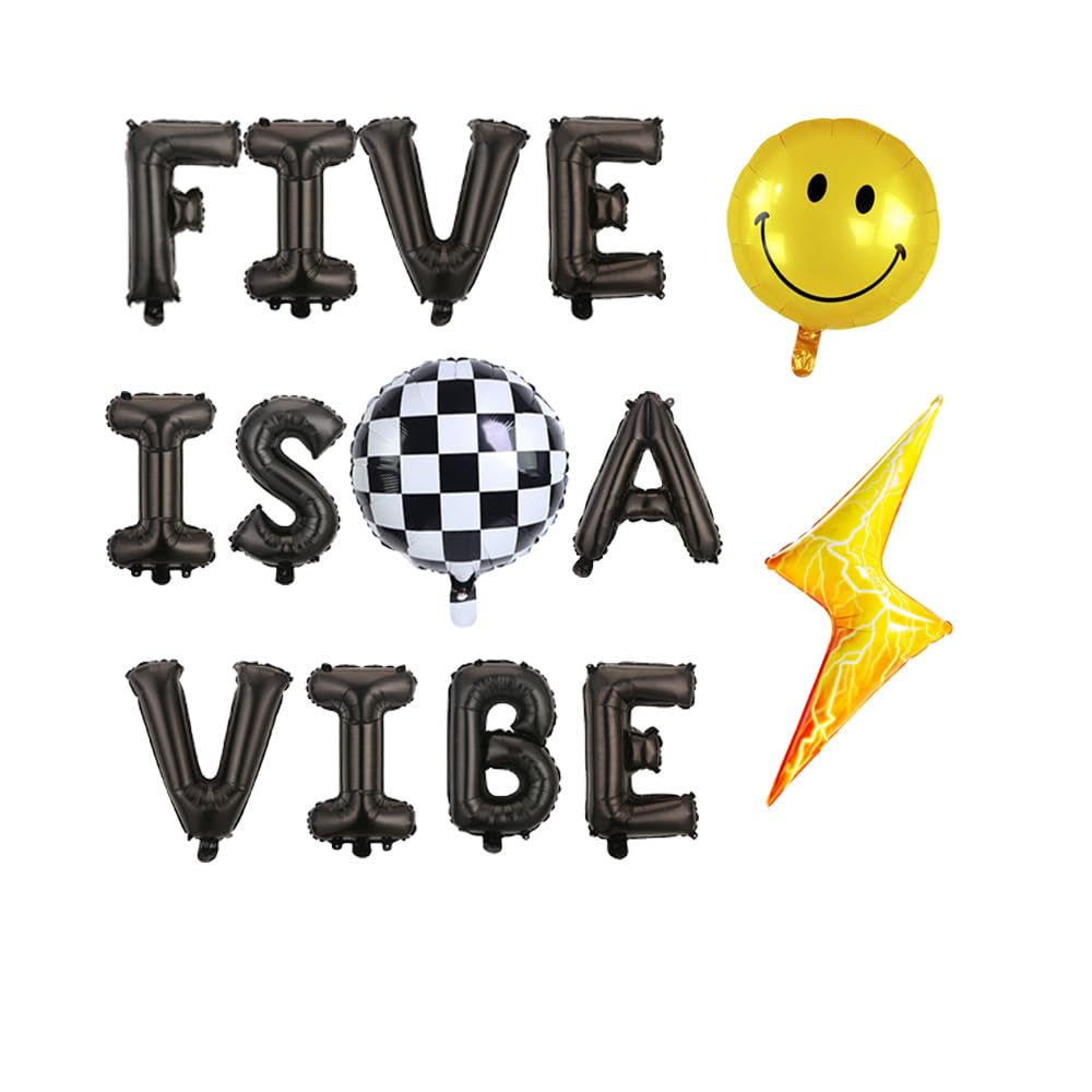 Photo 1 of FIVE IS A VIBE 16" Foil Mylar Balloons, Smiley Face, Checkered Ball, Lightning Bolt,Funny Retro Hippie 5th Birthday Party Balloons, Black.
