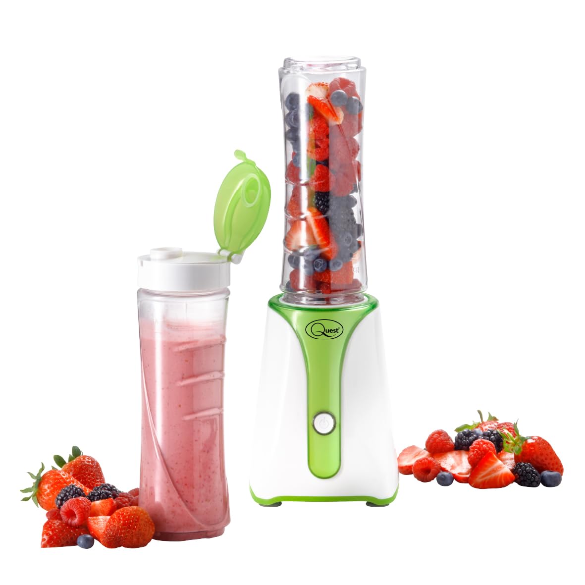 Quest Personal Blender & Smoothie Maker | 350 Watt | Includes 2x 600ml Portable Bottles | One Touch Button | Slimline, Portable and Compact | Stainless Steel Blades (Green & White)