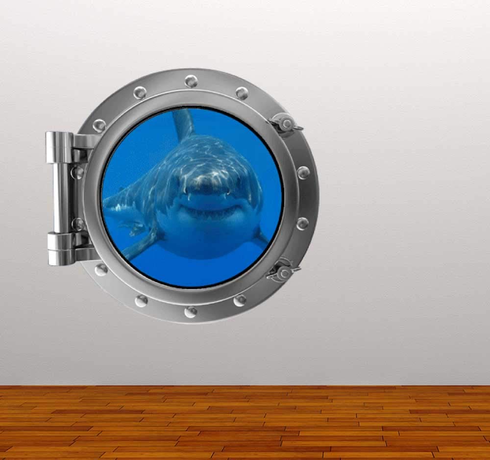 60 Second Makeover Limited Full Colour Shark Porthole Ocean Wall Stickers Decal Kids Bedroom Decoration Vinyl Stickers Under The Sea Decor Wall Art for Bathroom - Small