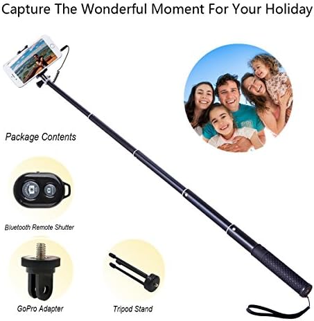 ZIZON Wired Selfie Stick,Extendable Aluminum Monopod with Tripod Stand, Built-in Shutter Button & GoPro Adapter, Foldable Mount Clamp for iPhone/Android Smartphones and Action Camera(Black)