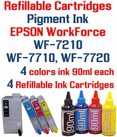 Pigment Ink - WorkForce WF-7210 WF-7710 WF-7720 printer Refillable ink cartridge package - 4 multi-color bottles 90ml each color - 4 Refillable ink cartridges with Auto Reset Chips