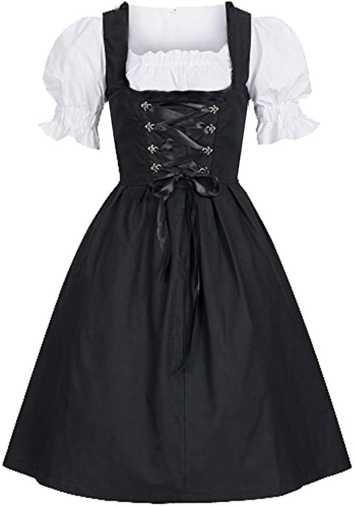 Mikilon Women's German Oktoberfest Dirndl Dress Lace Up Classic Bavarian Beer Maid Costume for Halloween Black