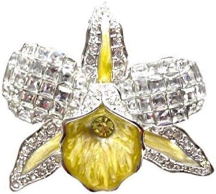 Pricegems Austrian Crystal Enameled Canary Yellow Orchid Pin Brooch 1.50" Pendant Chain Necklace 18" High End Fashion Limited Edition