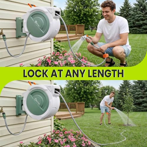 Bietor Retractable Garden Hose Reel, 1/2“ x 45m+2m Upgraded UV Resistant Heavy Duty Wall Mounted Hose Reel with 10 Patterns Nozzle, Any Length Lock, Slow Return System, 180°Swivel Bracket