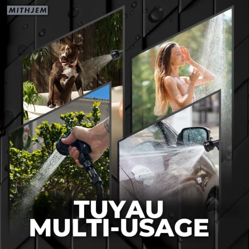 Mithjem 30m Expandable Garden Hose - 3750D Polyester, Adaptable Metal Fittings 1/2" and 3/4", Leak Proof - 10 Modes Gun, Lightweight, Storage Bag - Large Garden, Patio, Car