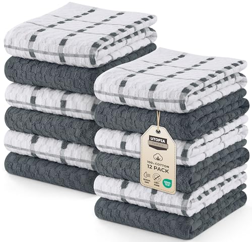 Utopia Towels -12 Kitchen Towels Set - 38 x 64 cm - 100% Ring Spun Cotton Super Soft and Absorbent Dish/Tea Towels and Bar Towels (Grey)