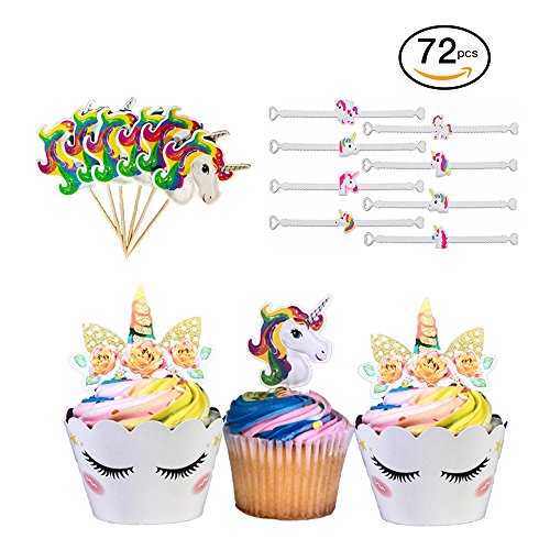 Unicorn Cupcake Toppers and Wrappers | Our 72 piece Unicorn Birthday Party Supplies bundle includes two sided rainbow cupcake decorations, unicorn emoji Bracelets, and unicorn themed toothpicks