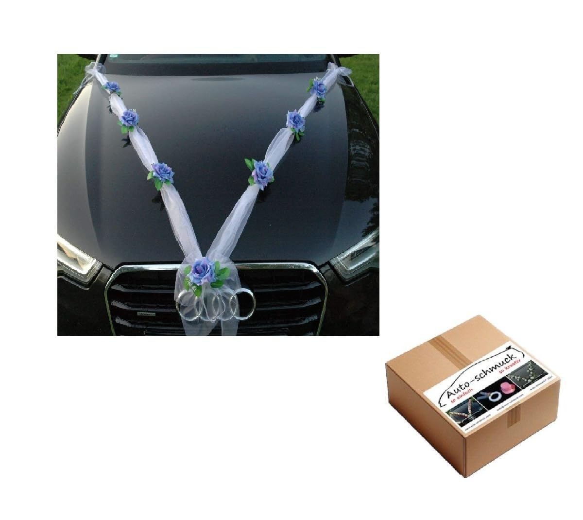 Organza M Auto Schmuck Braut Paar Rose Deko Dekoration Autoschmuck Hochzeit Car Auto Wedding Deko (Blau/Weiß)