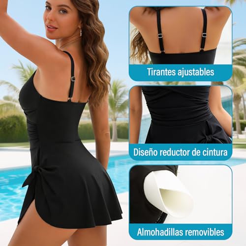 GALASALA Trajes de Baño Mujer, Trajes de Baño Mujer Natacion Sexy y Ajustado, Traje de Baño Completo Mujer con Falda Elegante, Traje de Baño Mujer con Control Abdominal Ideal para Playa Piscina Surf