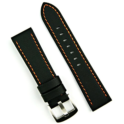 B & R Bands 22mm Black Waterproof Watch Band Strap - Orange Stitch