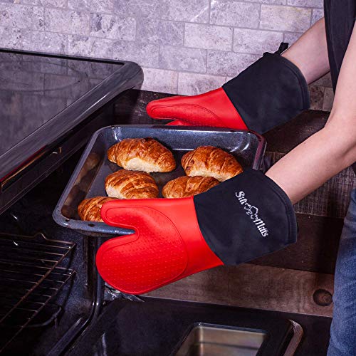 Red Silicone Pot Holder Oven Mitts - 1 Pair of Extra Long Professional Heat Resistant Pot Holder & Baking Gloves - Food Safe, BPA Free FDA Approved With Soft Inner Lining - Thumbnail 3
