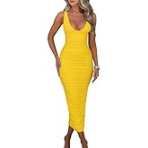 BEAGIMEG Women's Sexy Ruched Sleeveless Deep V Elegant Cocktail Evening Party Maxi Dress
