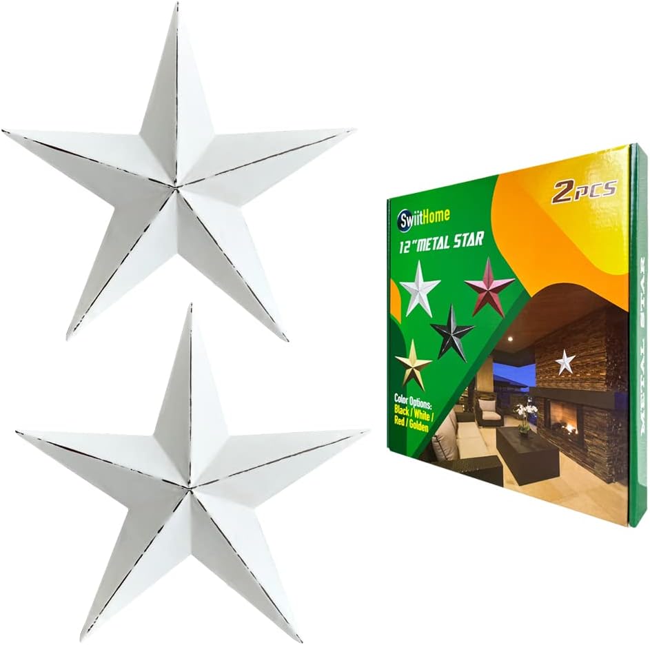 Plaques & Wall Art - 2 Pieces 12 Inch Metal Star, Barn Star for Home Decoration,Iron Vintage Wall Arts and Crafts, Hanging Wall Decor for House, Christmas Indoor Outdoor Decorations (White)