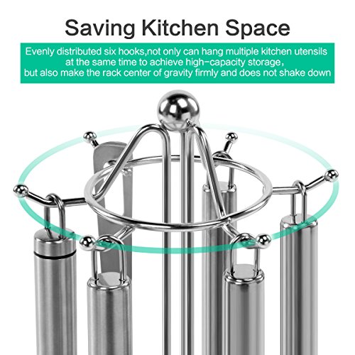 SINGAYE Utensil Stand Kitchen Tools Rack 304 Stainless Steel Holders 16.1 inch, 6 Hooks for Spoon,Soup Ladle,Pasta Server, Spatula etc.