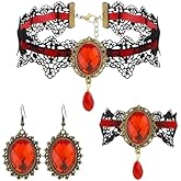 IS4U Gothic Lace Earrings Bracelet Choker Necklace Set for Women Vintage Red Black Crystal Necklace Earrings Bracelet Punk Style Halloween Set Mysterious Vampire Costume Clothing Accessories