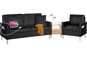 TYBOATLE Modern Faux Leather Living Room Furniture Sectional Sofa Sets 2 Pieces, Loveseat Couch w/ 2 USB Charging Ports and Comfy Accent Arm Chair for Small Space, Apartment, Office, Studio (Black)