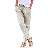 Puimentiua Womens Tapered Pants Cotton Linen Drawstring Back Elastic Waist Pants Casual Trousers with Pockets