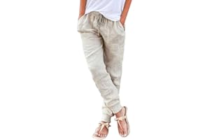 Puimentiua Womens Tapered Pants Cotton Linen Drawstring Back Elastic Waist Pants Casual Trousers with Pockets