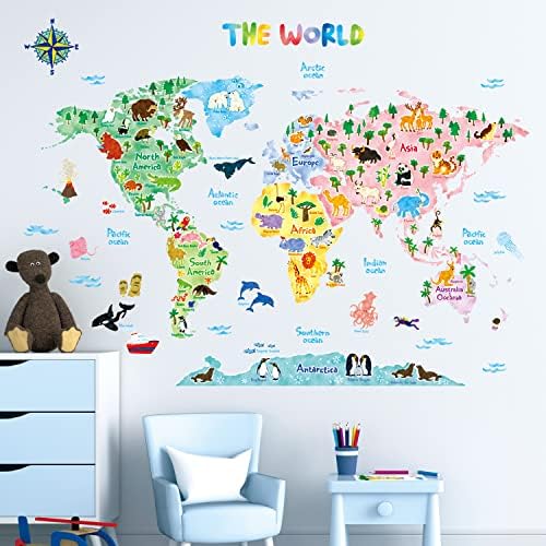 DECOWALL BS1615S Animal World Map Kids Wall Stickers Wall Decals Peel