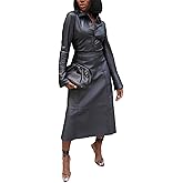 REASERAL Womens PU Leather Outfits Lapel Shirt Long Sleeve with Leather Maxi Skirts Going Out Casual Sets