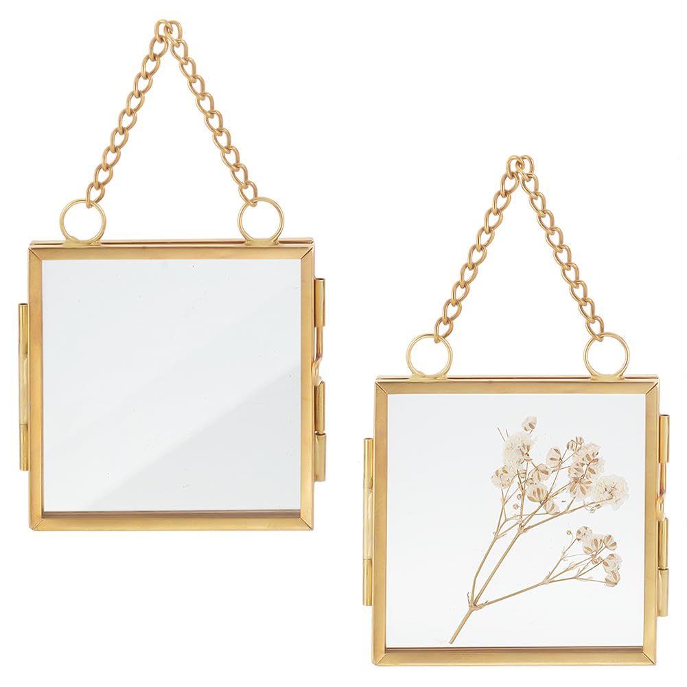 OLYCRAFT 2pcs Double Glass Picture Frame 6x6cm Wall Hanging Photo Frames with Chain Mini Folding Frame DIY Vintage Artwork Display Frames for Pressed Flowers Pictures Home Wall Decor