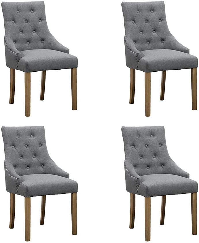 Huiseneu Set of 4 Grey Dining Chair Upholstered Fabric with Armrest for Kitchen High Back Armchairs Leisure Chair Padding Button Trim Side Chair for Living Room Restaurant Reception Office (Grey)