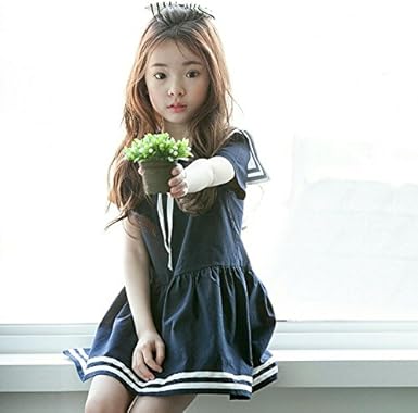 Amazon ワンピース ドレス ガールズ 女児 女の子 ジュニア セーラー セーラー襟 マリン 海軍風 子供 子供ワンピース 子供ワンピ 子供服 キッズ 襟リボン付き 水兵 短袖 ワンピ カジュアル 学院風 夏 ゆったり Happy Online 1cm ネイビー ワンピース チュニック 通販
