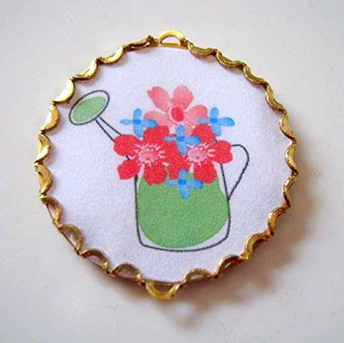 Vintage Picture Watering Can with Flowers Cabochon Needle Minder, Cross Stitch, Embroidery, Needlepoint