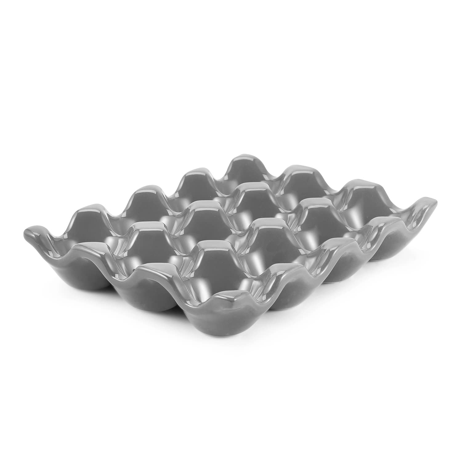 Flexzion Ceramic Egg Holder for Fridge - 12 Cups Egg Tray Whole Dozen Porcelain Container Keeper Storage Organizer Decorative Serving Stand Serveware for Countertop Display Kitchen (Gray)
