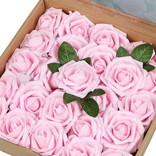 Vlovelife 50pcs Baby Pink Real Looking Fake Roses Artificial Flowers Roses Head With Stems for DIY Wedding Bouquets Centerpieces Arrangements Birthday Baby Shower Home Party Decorations