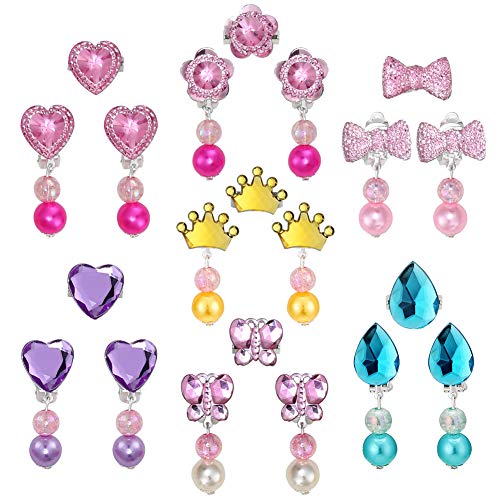 Fnova 28Pcs Little Girl Clip on Earrings and Kid Adjustable Rings in Box, Pretend Kids Jewelry Play Earrings and Dress Up Rings for Children, 3pcs Princess Necklace Jewelry Included for Free - Thumbnail 2