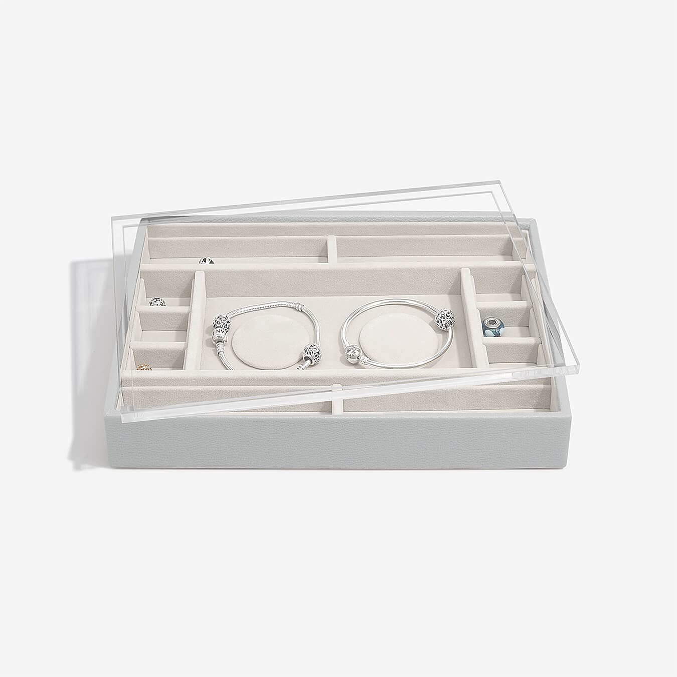 Stackers Pebble Grey Classic Medium Jewellery Box 2 Padded Charm Layer with Acrylic Dispalay Lid