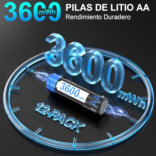 Artman Paquete de 12 Pilas Recargables de Litio AA con Cargador de 12 Ranuras, 3600mWh y 1,5V Baterías de Litio AA para Blink Outdoor Cámara, Pilas Recargables Double A con Más de 2000 Ciclos (Negro)