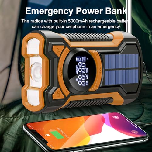 Rechargeable Portable Radio Dynamo with LED Flashlight, Power Bank 5000mAh AM/FM Radio Crank Solar, SOS Alarm/Flashlight/3W Speakers, Outdoor, Emergency