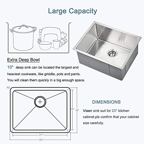 image for Stainless Steel Kitchen Sink - Visen 23in 16gauge Single Bowl with Ang