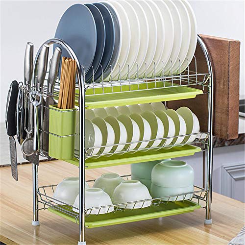 Dish Rack,Utensil Racks Kitchen Plate Rack 3 Tier Dish Drainer 15.3 x 9.8 x 18.9 Inches Silver Stainless Steel Dish Drying Rack with Removable Drain Board,Cutlery Drying Basket,Cutting Board Holder