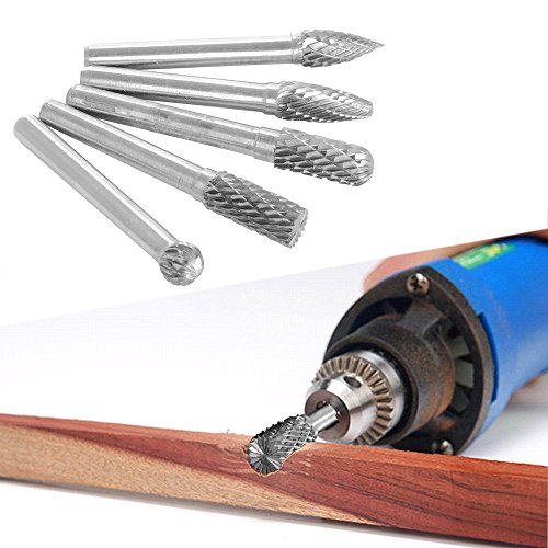 5pcs 1/4" Shank Diamond Burr Bits Set for Rotary Tool, 6x8mm Tungsten Carbide Rotary Files for Woodworking / Drilling / Carving / Engraving / Grinding (Single Cut)