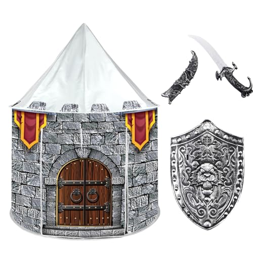 Hicarer Christmas Knight's Castle Design Play Tent Portable Foldable Tent Indoor Outdoor Playhouse with Carrying Bag Knight Plastic Dagger Shield Medieval Pretend Play Set Xmas Gift