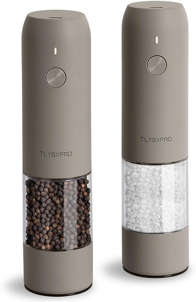 TLYSXPRO Electric Salt and Pepper Grinder Set USB Rechargeable 2 Pack Greige