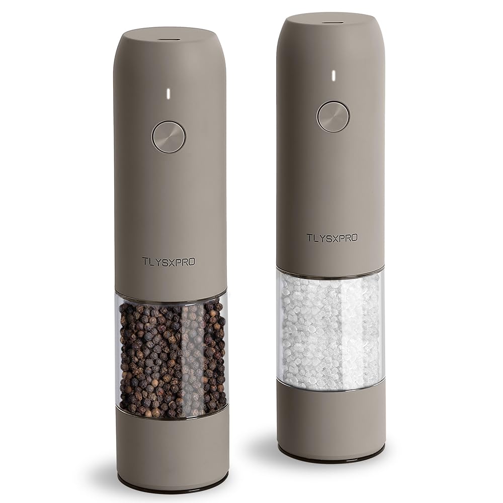 TLYSXPRO Electric Salt and Pepper Grinder Set, USB Rechargeable, Automatic Salt and Pepper Mill Grinder with Adjustable Coarseness, Electric Salt Shakers, LED Light, Refillable (2 Packs, Greige)