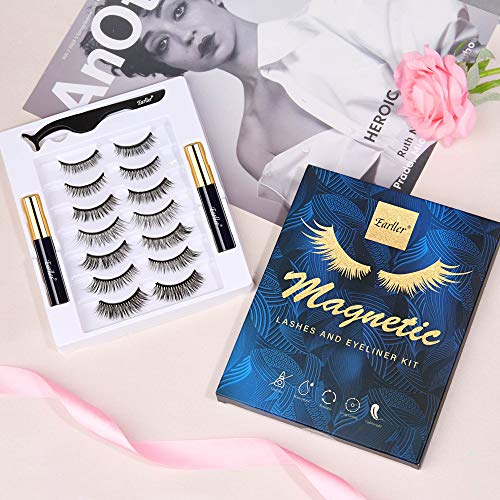 EARLLER 7 Pairs Magnetic Eyelashes with Eyeliner Kit, Natural Look and Fluffy Volume Faux Mink False Lashes - Easy to Apply and No Glue Needed, Reusable Short and Long Lashes Set