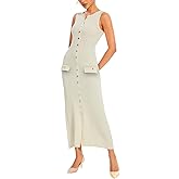 BQDCQB Womens Knit Maxi Dress Sleeveless Bodycon Ribbed Long Tank Dresses Elegant Button Down Workwear Dress