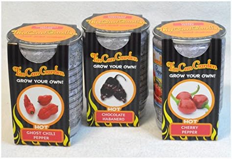Tin Can Garden Set of 3 Pepper Plants, Ghost Chili, Chocolate Habenero, Cherry Pepper