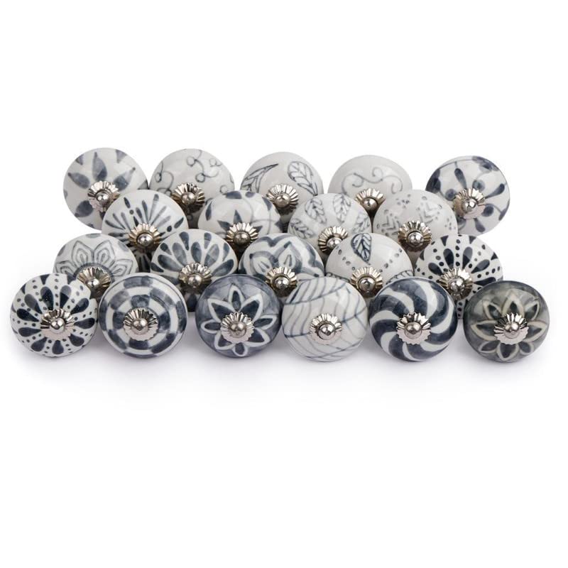 Art Of Creation Grey and White Ceramic Door Knobs Flower Assorted Handmade Design Vintage Look Shabby Chic Interior Cabinet Cupboard Drawers Pulls Handles (Pack of 10)