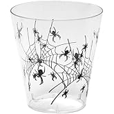 Party Essentials 20 Count Hard Plastic 2 oz Spider Print Halloween Shot Glasses, Clear/Black