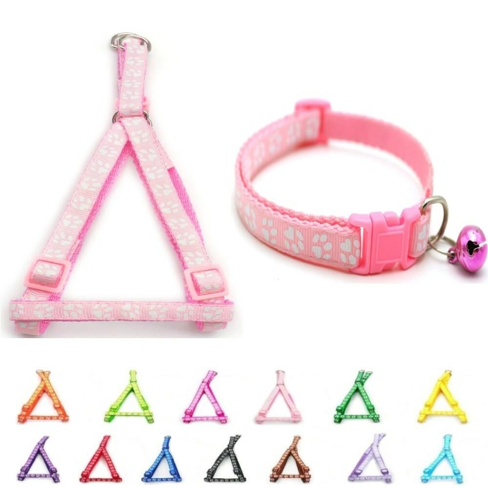 Small Dog Puppy Pet Collar and Harness Set Pawprint Design Nylon Adjustable Neck Size 19-32cm and Chest Size 21-34cm Light Pink