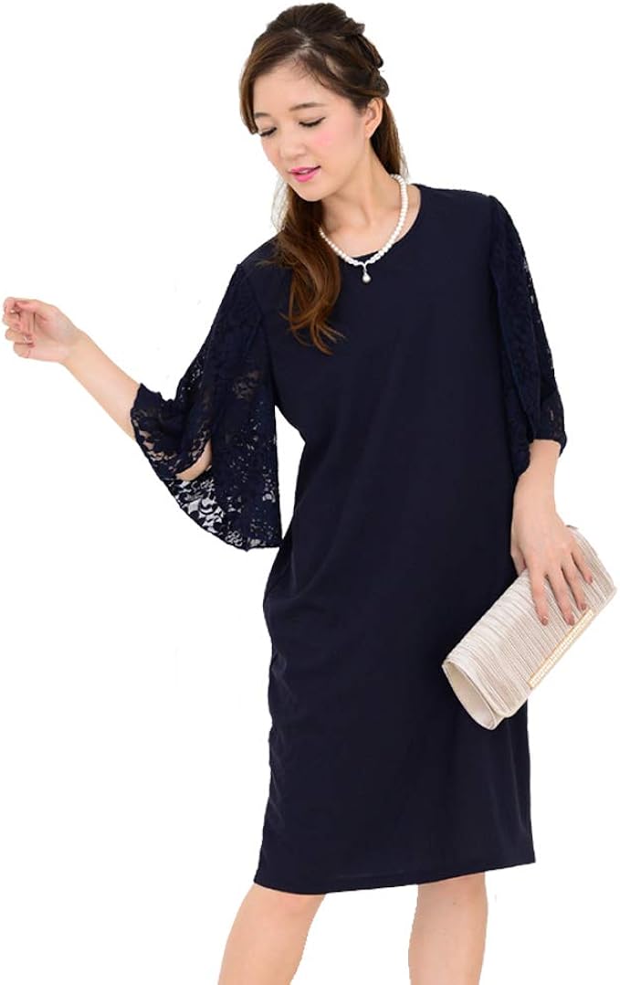 Amazon Lace Ladies レース袖 膝丈 パーティードレス ワンピース 結婚式 披露宴 お呼ばれ 5分袖 コクーン 美ライン フォーマル レディース 七五三 入学式 シンプル ドレスワンピ ラップドレス 花柄レース パーティードレス 通販