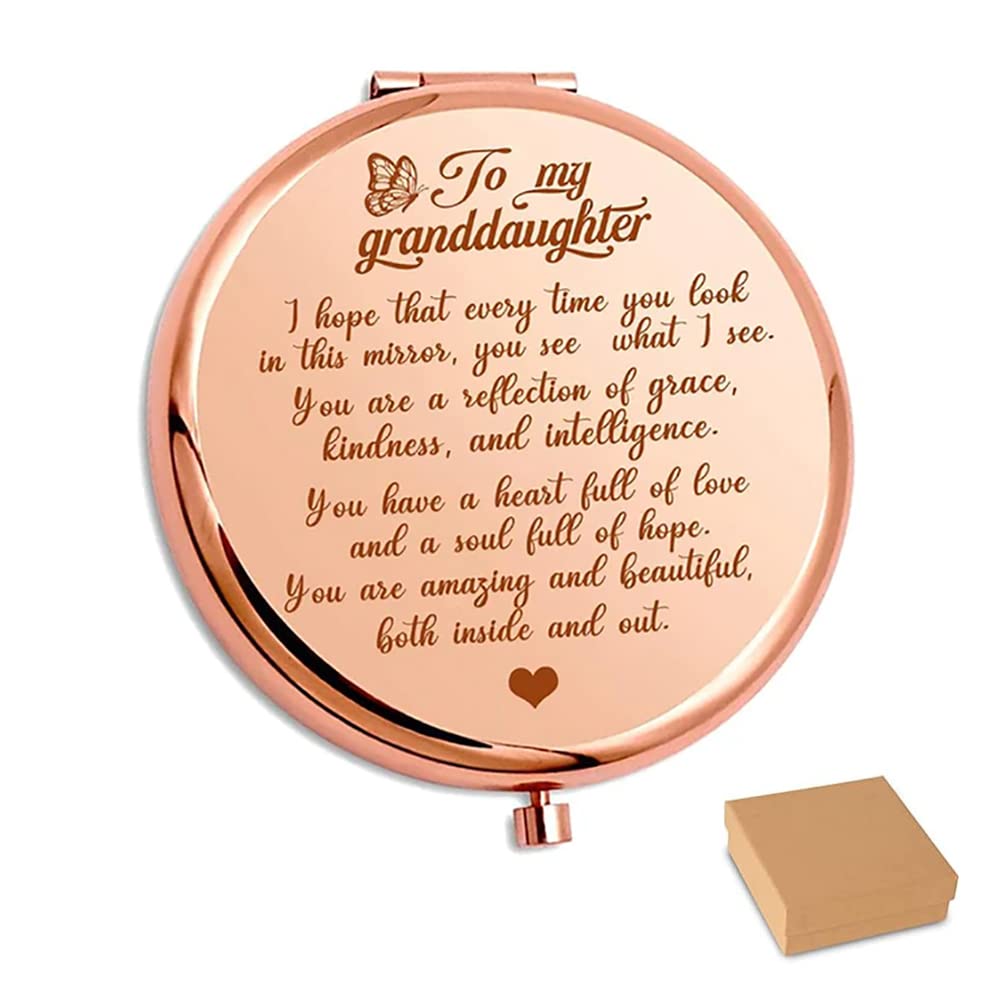 To My Granddaughter - You're Amazing And Beautiful - Pocket Encouragement Mirror, Compact Makeup Mirror, Granddaughter Gift from Grandparents (Rose Gold)